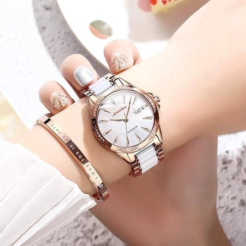 Womens Watch Automatic White Face Ladies Watch Mechanical Waterproof Self-Winding Wrist Watch Rose Gold Pearl Shell Dial Watches Day Date Woman Watches Ceramic Stainless Steel Diamond Watch for Ladies thumbnail 3