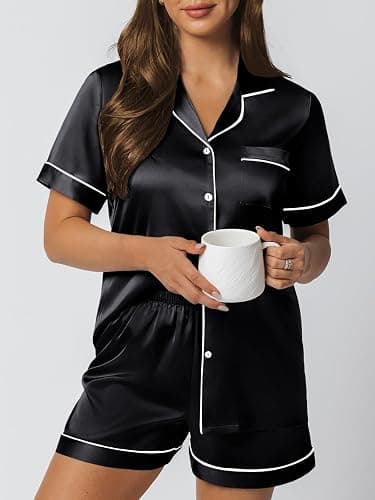 LILLUSORY Silk Satin Pajama Set for Women 2 Piece Lounge Pjs Shorts Matching Summer Sleepwear Button Down Shirt Shorts thumbnail 5