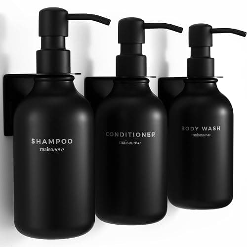 MaisoNovo Shampoo and Conditioner Dispenser - Shower Soap Dispenser Wall Mounted - 16.9 fl oz Set of 3 Black Plastic Bottles Black Pump - Shampoo Dispenser, Shower Dispenser - Image 1