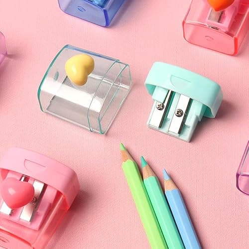 Heart Pencil Sharpeners Bulk Colored Pencil Sharpener Handheld Small Cute Pencil Sharpener Manual Green Purple Pink Pencil Sharpeners with Cover 2 Holes for Students Classroom Office Supplies thumbnail 2