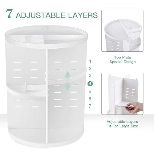 seinlife 360 Rotating Makeup Organizer,DIY Adjustable Spinning Holder,Foldable Cosmetic Storage Display box,Large Capacity Make up Caddy Shelf,Fits Countertop Vanity and Bathroom (WHITE) thumbnail 2