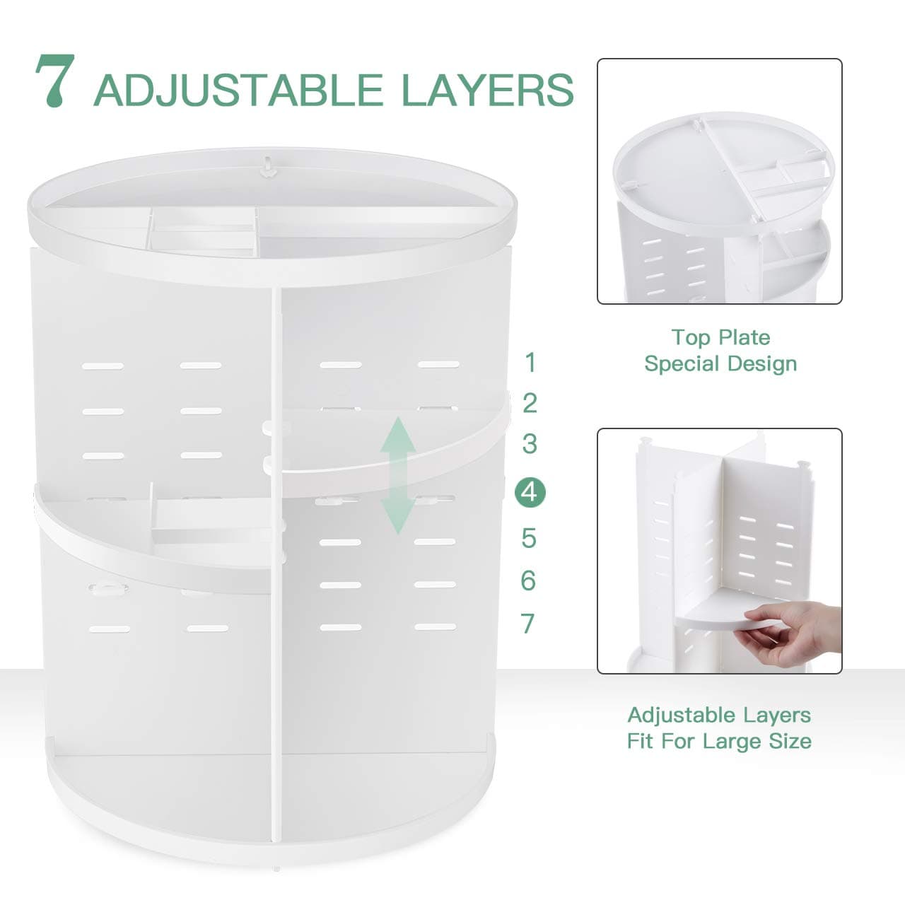 seinlife 360 Rotating Makeup Organizer,DIY Adjustable Spinning Holder,Foldable Cosmetic Storage Display box,Large Capacity Make up Caddy Shelf,Fits Countertop Vanity and Bathroom (WHITE) thumbnail 2