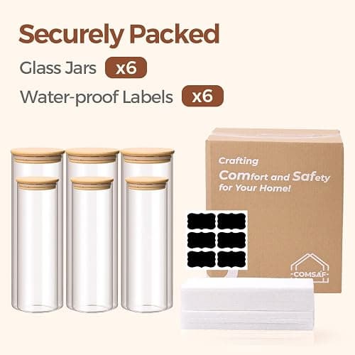 ComSaf Glass Food Storage Jars Set of 6, Tall Glass Storage Containers with Lids, Spaghetti Jar, Canisters Set for the kitchen, Pasta, Flour, Nuts, Oat, Coffee and Sugar Container, Pantry Organization thumbnail 8