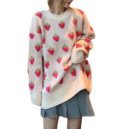 Womens Knitted Orange Sweater Casual Loose Long Sleeve Pullover Sweater Tops - Image 1