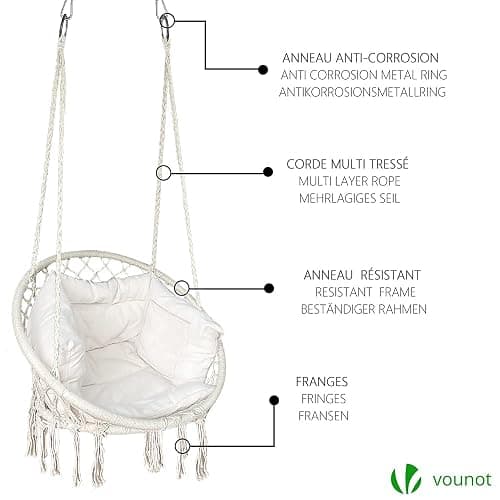VOUNOT® Hanging Chair with Cushion, Macrame Hammock Swing Chair for Bedroom, Balcony, Patio, Garden, Indoor or Outdoor, 265LBS Capacity, Beige thumbnail 7