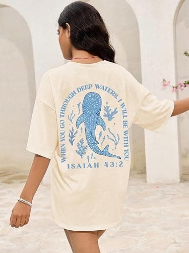 Christian Oversized Shirt for Women Faith Bible Verse Graphic Tee Top Vacation Summer Casual Boho Wildflowers T Shirt thumbnail 3