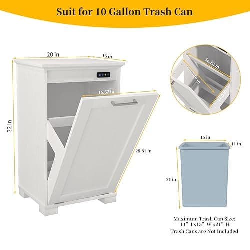 Ymise Tilt Out Trash Cabinet, 10-Gallon Trash Can Cabinet with Deodorising Function, Wooden Freestanding Garbage Can for Home and Kitchen Hidden Laundry Hamper, White thumbnail 7