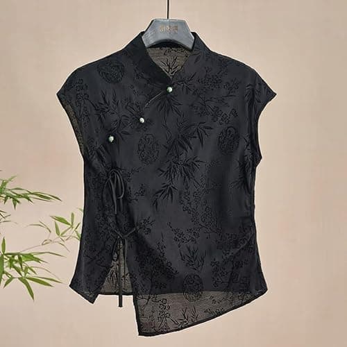 Women's Retro Chinese Style Cheongsam Top Summer Black Jacquard Short Sleeve Button Blouse T-Shirt thumbnail 5