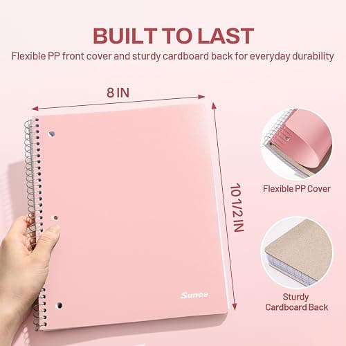 SUNEE Spiral Notebook, 1-Subject, Graph Ruled Paper, 8" x 10-1/2", 100 Sheets per Notebook, 3-Hole Punched Paper, Water Resistant Cover, Spiral Grid Notebooks for Work, Home, School, Writing, Pink thumbnail 3