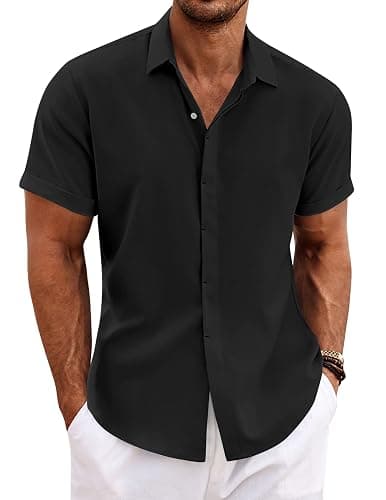 COOFANDY Men's Linen Shirts Short Sleeve Casual Shirts Button Down Shirt for Men Beach Summer Wedding Shirt - Image 1
