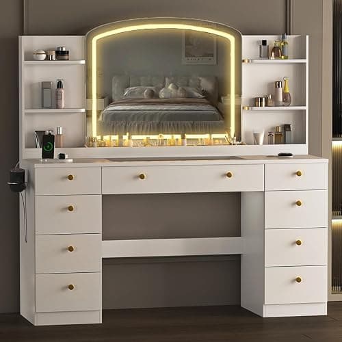DalyLuxa 55" Vanity Desk with Mirror and Lights, Makeup Vanity with Power Outlet, White Vanity with 9 Drawers & 6 Storage Shelves for Bedroom thumbnail 7