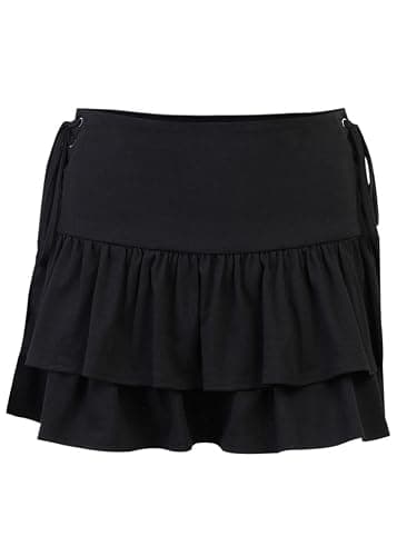 Sunidol Womens Gothic Skirt Y2k 2000s Girl Mall Goth Punk Skirts High Waist Lace-Up Ruffle Fairy Grunge Mini Skirts thumbnail 4