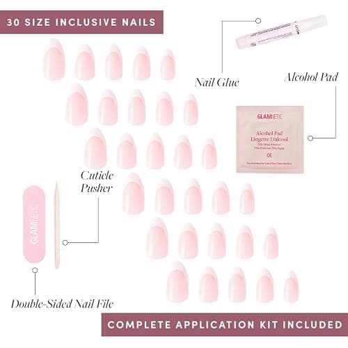 Glamnetic Press On Nails - MaDamn | French Tip Nails, UV Finish Short Pointed Almond Shape, Salon Quality Semi-Transparent Nails in 12 Sizes - 24 Nail Kit with Glue thumbnail 4