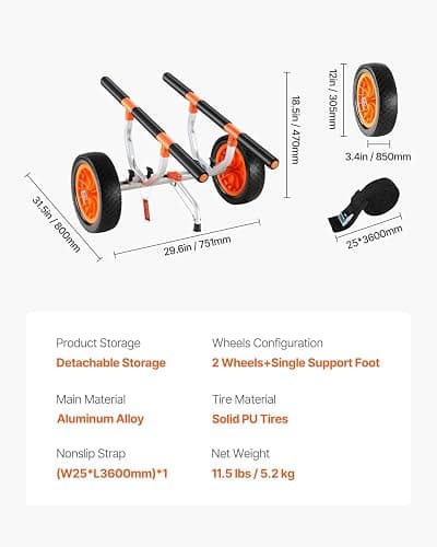VEVOR Kayak Cart, Heavy Duty 450 LBS Load Capacity Kayak Trailer, Detachable Canoe Trolley Cart with Adjustable Width & Nonslip Support Foot, 12'' Solid Tires for Kayaks Canoes Float Mats Paddleboards thumbnail 7
