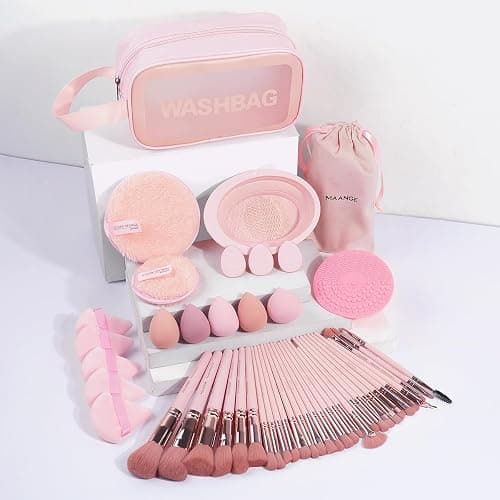 MAANGE Makeup Brush Set 49 Pcs Makeup Tool Set Premium Synthetic Foundation Powder Concealers Eye shadows Blush Makeup Brushes (Pink, 49 Piece Set) thumbnail 9