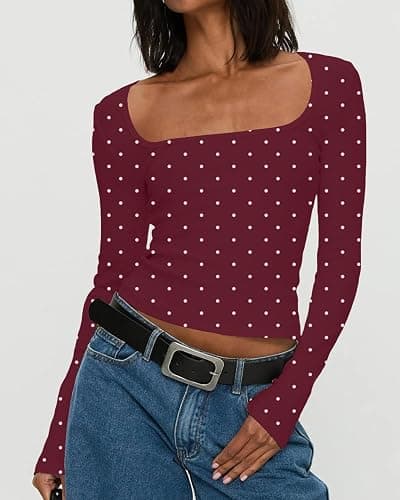KIGRAD Women Y2k Polka Dot Graphic Scoop Neck Crop Baby Tee Tops Fall Aesthetic Slim Fitted Long Sleeve Jersey Tshirts thumbnail 2