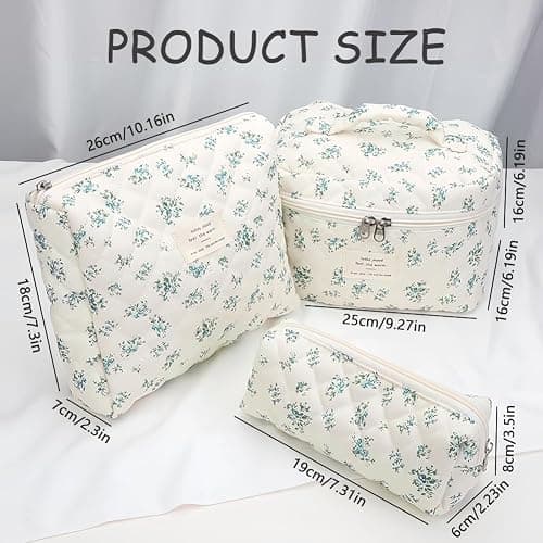 Aucuu 3PCS Set Kosmetiktasche, Reise Kosmetiktasche Set Damen, Kulturtasche Damen mit Blumenmuster, Gesteppte Kulturtasche, Kulturbeutel Make Up Tasche, Tragbare Schminktasche für Mädchen Frauen thumbnail 3