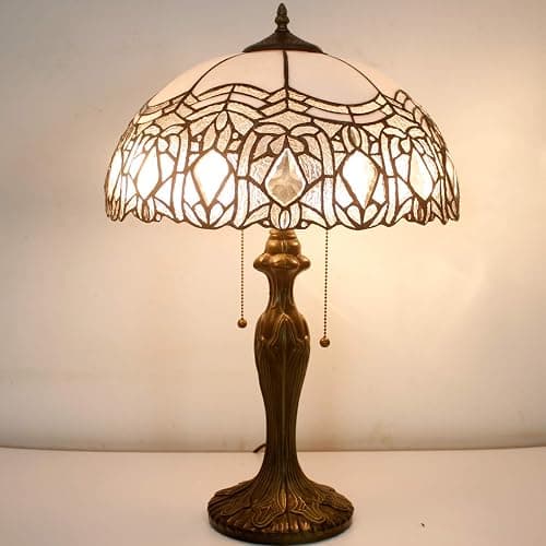 WERFACTORY Tiffany Style Table Lamp White Stained Glass Crystal Bedside Lamp 16X16X24 Inch Desk Reading Light Metal Base Decor Bedroom Living Room Home Office S508W Series thumbnail 2