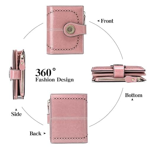 SENDEFN Small Womens Wallet Leather Bifold Card Holder RFID Blocking with Zipper Coin Pocket - 1-Wax-A-Pink thumbnail 4