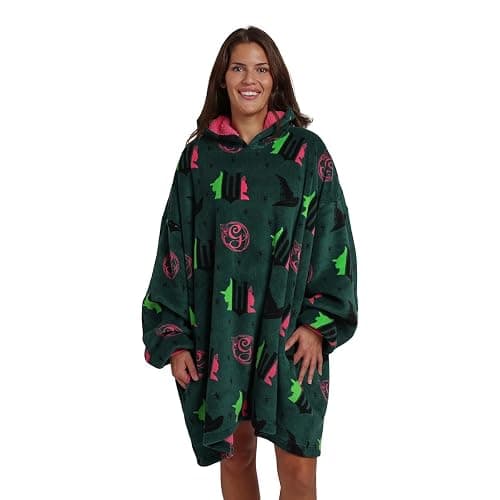 Bioworld Wicked Part 1 Witch & Glinda Seal All-Over Print Adult Green Long Sleeve Comfy Hooded Blanket - Image 1