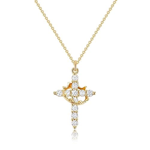 Robaice Upgraded Crown Cross Necklace for Women 14K Gold Plated Crown Cross Pendant Necklace Simple Diamond Gold Necklaces Faith Cross Jewelry First Communion Necklace - A Crown Cross Gold