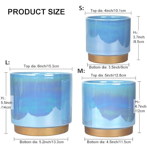 Gepege Ceramic Pots for Plants, Rainbow Pearl Glaze Planter with Drainage Hole, 6.0 inch+5.0 Inch+4.0 Inch. Indoor-Outdoor Large Round Succulent Orchid Flower Pot - 6+5+4inches - Blue thumbnail 3