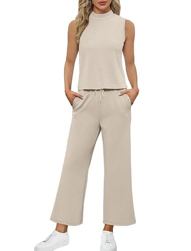 SAMPEEL Two Piece Sets for Women Summer Outfits Lounge Sets Mock Neck Tops Wide Leg Crop Pants Vacation Travel Outfits thumbnail 3