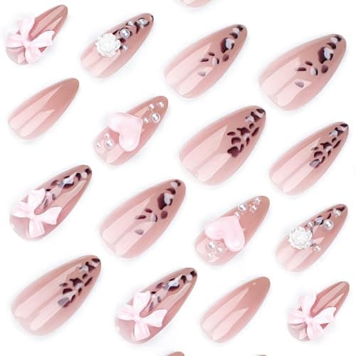 Leopard French Tip Press On Nails - Pointed Almond Glossy Pink Heart Design, Full Cover Nude Glue On False Nails for Women & Girls thumbnail 2
