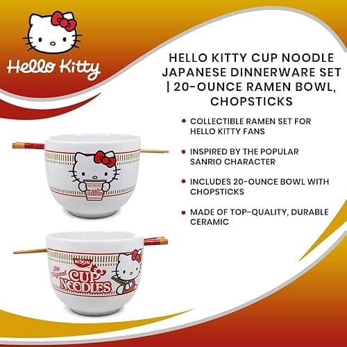 Hello Kitty Cup Noodles Japanese Ceramic Dinnerware Set | Includes 20-Ounce Ramen Bowl and Wooden Chopsticks | Asian Food Dish Set For Home Kitchen | Kawaii Anime Gifts, Official Sanrio Collectible thumbnail 6