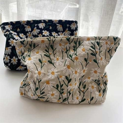 Makeup Bags for Purse Zipper Cosmetic Pouch Large Travel Canvas Make Up Organizer Tool Pouch for Women and Girls,Daisy White thumbnail 6