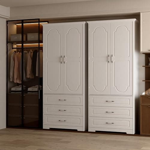 FJTJBSI Armoire Wardrobe Closet with 3 Drawers and LED Light 72" Wooden Bedroom Armoire with 2 Doors and Retro Ceramic Door Handles Modern Wardrobe Cabinet with Removable Hanging Rod White thumbnail 2