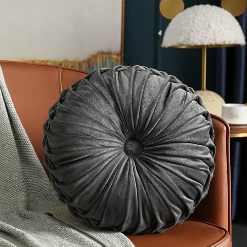 MOCOFO Round Velvet Throw Pillow, Pumpkin Shape Decorative Floor Cushion, Handcrafted Pleated Design, 14 and 16 Inch Diameter, Multiple Colors, Polyester Fill (Dark-Gray, 14") thumbnail 2