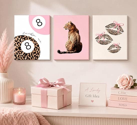 3pcs Pink Cheetah Wall Art Preppy Leopard Wall Decor 12x16in Framed | Leopard Bow Print Painting Lucky 8 Ball Poster Fashion Aesthetic Picture for Girly Bedroom Dorm Apartment thumbnail 7