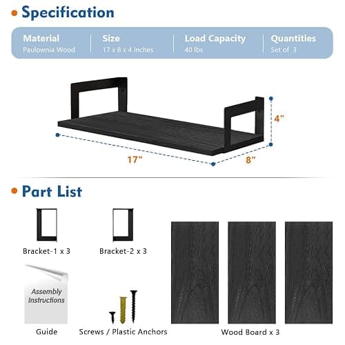 Harwaya Wall Mounted Bookshelf, Floating Bookshelves for Bedroom, 17 Inches Long Wall Mount Book Shelves for Living Room Office Books, Black Wall Book Holder Bookcase (Set of 3) thumbnail 3