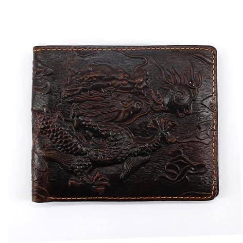 Medifier Mens Leather Genuine Extra Capacity Wallet Bifold Slim Brown Front Pocket Engraved Dragon Wallets with Credit Card Holder ID Window for Men Women Husband Boyfriend Him Gifts Horizontal Style - Image 1