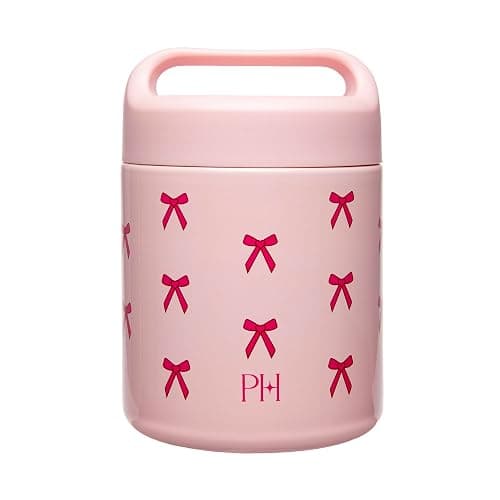 Paris Hilton Stainless Steel Food Jar, Double Wall Vacuum Sealed Insulated Food Storage Container with Carry Handle Lid, 12-Ounce, Pink with Bow Design - Image 1
