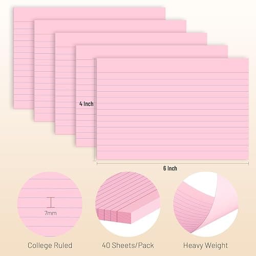 200 Pcs Index Cards 4 x 6 Inch Ruled Pink Index Cards, College Ruled Flash Cards for School, College, Office and Home Organization, Durable Study To Do List Note Cards with Ruled Lines, 5 Pack of 40 thumbnail 2