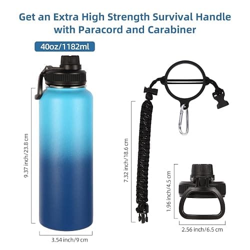 Volhoply 40 oz Insulated Water Bottles Paracord Handle, Stainless Steel Sports Bottle with Spout Lid,Vacuum Metal Travel Water Cups with Wide Mouth,Reusable Water jug for Hiking(Green Blue,1 Set) thumbnail 3