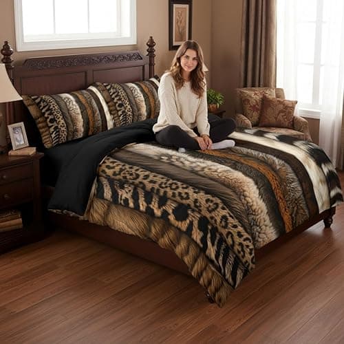 CCoutueChen Animal Print Comforter Sets Queen Size, Farmhouse Bedding Set with Leopard Stripe Patchwork, 3 Pcs Warm Microfiber Quilt Set with 2 Pillowcases, 90"x90" thumbnail 6