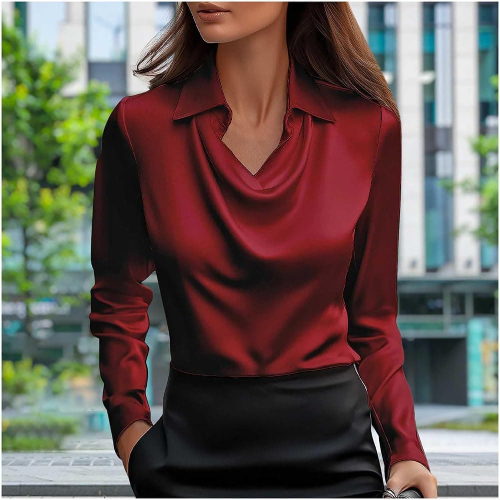 Genérico Camisa Formal de Seda para Mujer, Camisa de Trabajo de satén con Cuello drapeado y Manga Larga, Ropa de Oficina Informal thumbnail 3