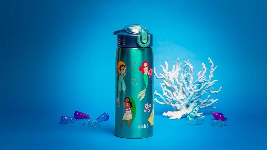 Zak Designs Disney Princess Water Bottle for Travel and At Home, 19 oz Vacuum Insulated Stainless Steel with Locking Spout Cover, Built-In Carrying Loop, Leak-Proof Design (Disney Princess) thumbnail 8