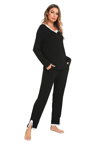 Lovasy Ensemble de Pyjama Femme Cotton Sexy Hiver Grande Taille Ensembles Manche Longue Col en V 2 Pièces Sensuel Dentelle pour Automne Noël thumbnail 2