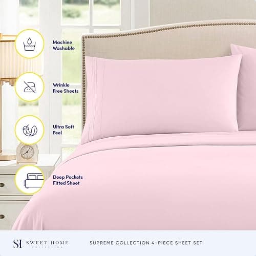 1800 Thread Count Sheet Set – Soft Egyptian Quality Brushed Microfiber Sheets – Luxury Bedding Set with Flat Sheet, Fitted Sheet, Pillow Cases, Queen, Pale Pink, Sheet Set thumbnail 2