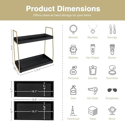 Forbena Black and Gold Bathroom Organizer Countertop, 2 Tier Counter Organizer for Bathroom Decor, Modern Sink Shelf Organizers for Vanity Storage, Make upTray for Makeup Bedroom thumbnail 2