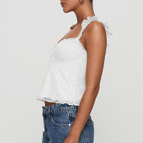 Women Lace Tank Top Vintage Floral Cap Sleeve Crop Tops Sheer Going Out Tops thumbnail 3