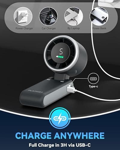 PlayHot Portable Handheld Turbo Fan, Travel Essentials, Gifts for Women/Men | 5-Speed, Up to 12H, 10m/s Airflow, USB-C Rechargeable, LED Display, 3-in-1 Foldable Personal Fan for Cruise, Beach, Vacation thumbnail 7