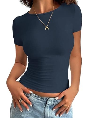 Minetom Damen T-Shirt Slim Fit Basic Kurzarm Crop Top Casual Rundhalsausschnitt Y2K Tops Sommer Oberteile Stretch Eng Mädchen Teenager Streetwear Vintage Aesthetic Outfit - Image 1