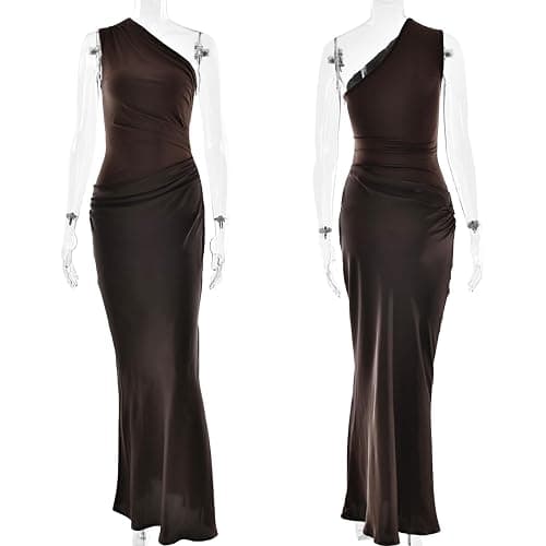 RARITYUS Women’s Elegant One Shoulder Maxi Dress Satin Ruched Bodycon Wedding Guest Dress Flowy Cocktail Evening Dresses thumbnail 5