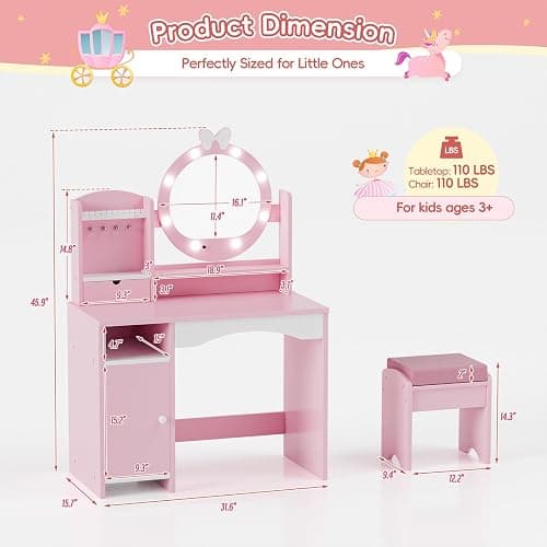 MU Kids Vanity Table and Chair Set – Princess Girls Vanity Set with Mirror, Lights, Jewelry Storage, and Cushioned Stool, Toddler Makeup Vanity for Little Girls (Pink) thumbnail 2