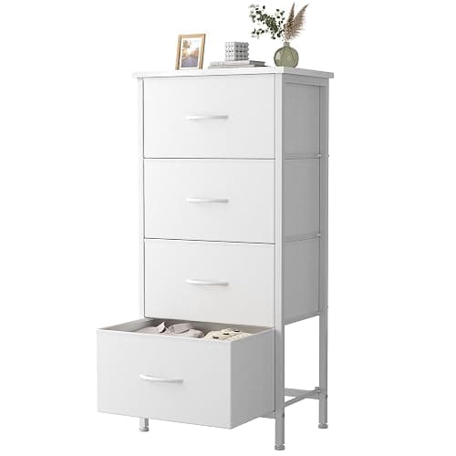 Sweetcrispy Dresser for Bedroom, 4 Drawer Storage Cabinet, Tall Nightstand | Small Fabric White Dresser for Closet, Chest of Drawers, Closet Organizer, Home Furniture, Sturdy Frame - Image 1